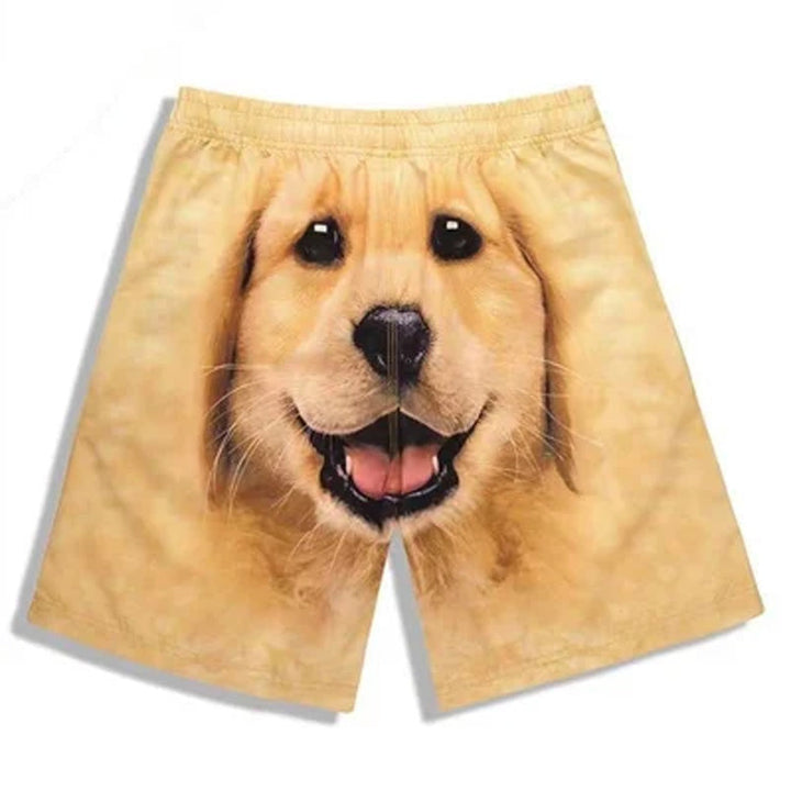 "Hundmönstrade herrsimshorts med levande färger och polyester, perfekta för sommarens äventyr och avkoppling."