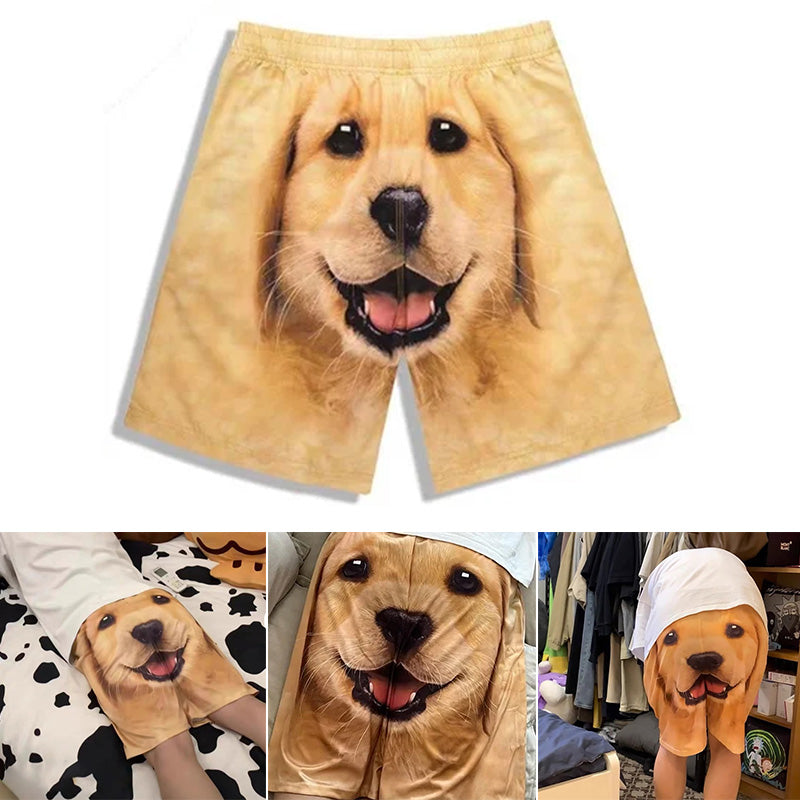 "Hundmönstrade herrsimshorts med levande färger och polyester, perfekta för sommarens äventyr och avkoppling."