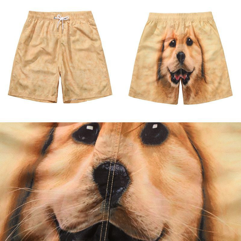 "Hundmönstrade herrsimshorts med levande färger och polyester, perfekta för sommarens äventyr och avkoppling."