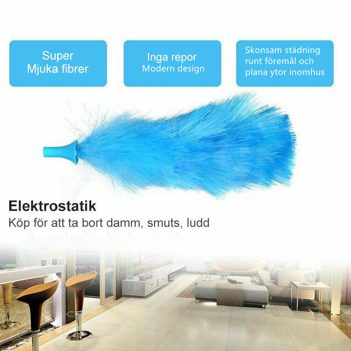 "Hurricane Dammvippa med fluffig mikrofiberborste, flexibel och effektiv för att avlägsna damm från svåråtkomliga ytor."