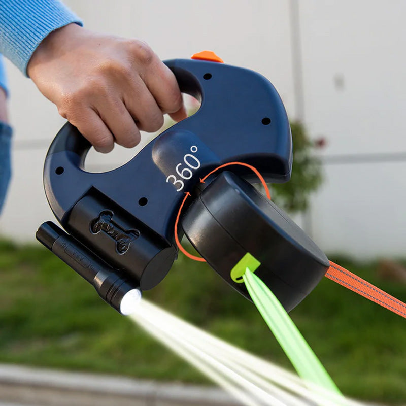 "Husdjur automatisk dubbelkoppel med LED-belysning, antilindningsdesign, blå variant, reflekterande nylon."