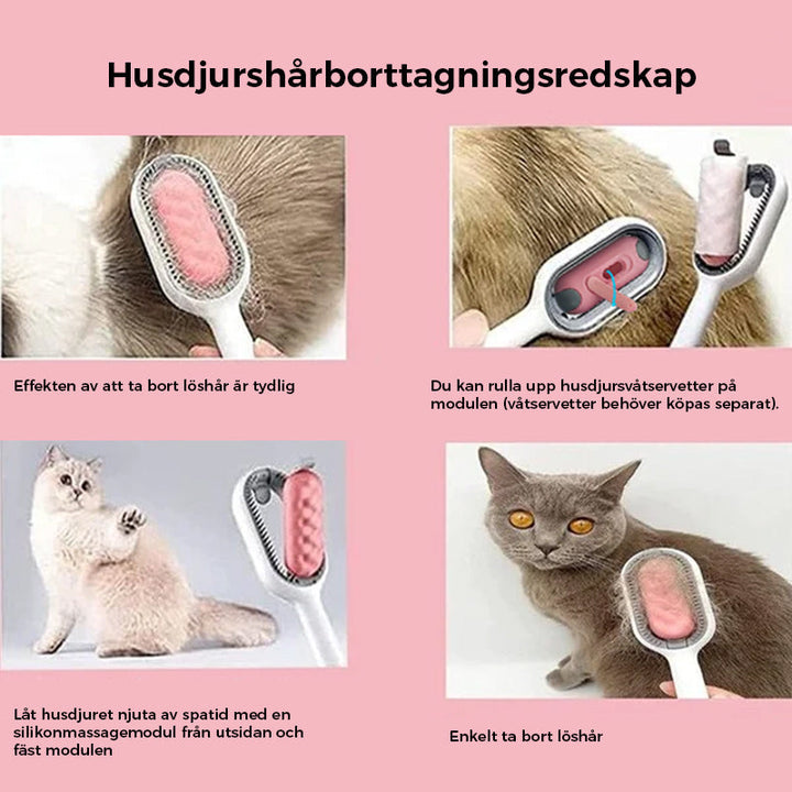 "Husdjurshårborttagare med ergonomisk design, gummistift och vattentank för effektiv rengöring av hund- och kattpäls."