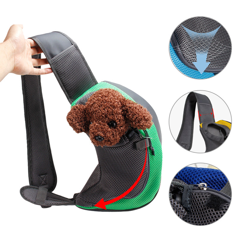 "Husdjursutflykt axelväska i polyester för smådjur, hands-free design, finns i ljusblå, röd, gul och fler färger."