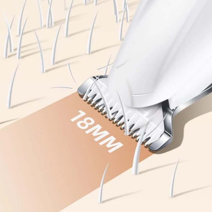 "Husdjursvänlig vit hårtrimmer med LED-lampa, tyst drift, 18 mm blad, vattentålig, för effektiv och säker trimning"