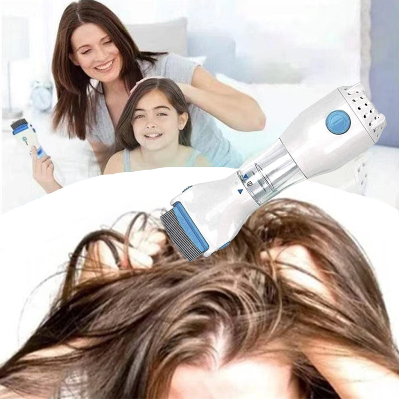 "Huvudlössmaskin med 3 filter, vit, blått LED-ljus, rostfri kam. Idealisk för kemikaliefri lössborttagning."