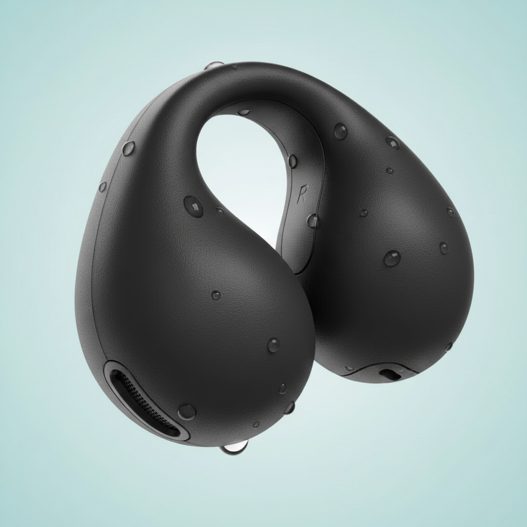 Detaljbild av HydroSound vattentåliga in-ear hörlurar med ergonomisk design för säker passform.