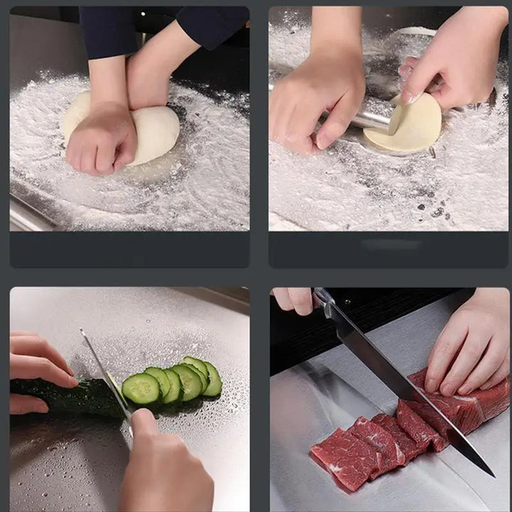 Professionell skärbräda i rostfritt stål med halkfri baksida för stabil och hygienisk matlagning.