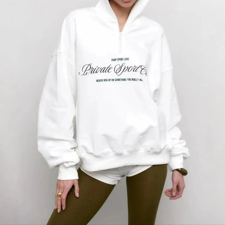 Dam Oversized Sweatshirt med Halv Dragkedja och Tryck