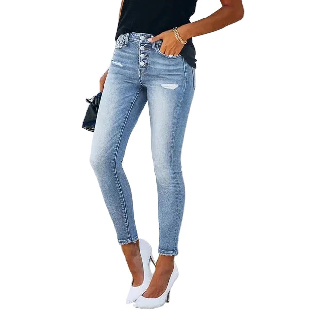 Kvinnors Rippade Slim Fit Jeans med Stilfulla Detaljer