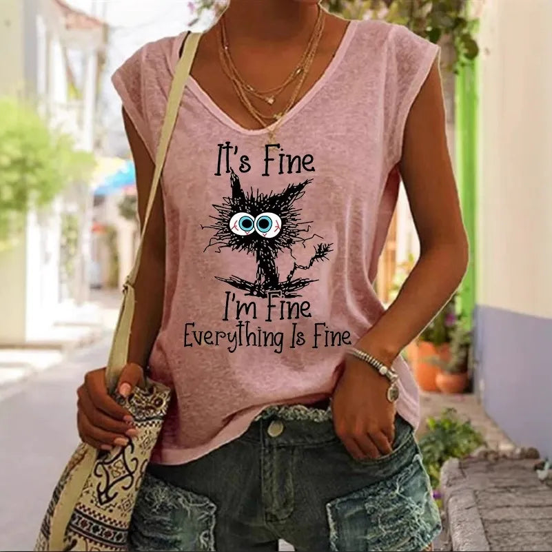 V-ringad dam T-shirt med kattmönster - Casual stil