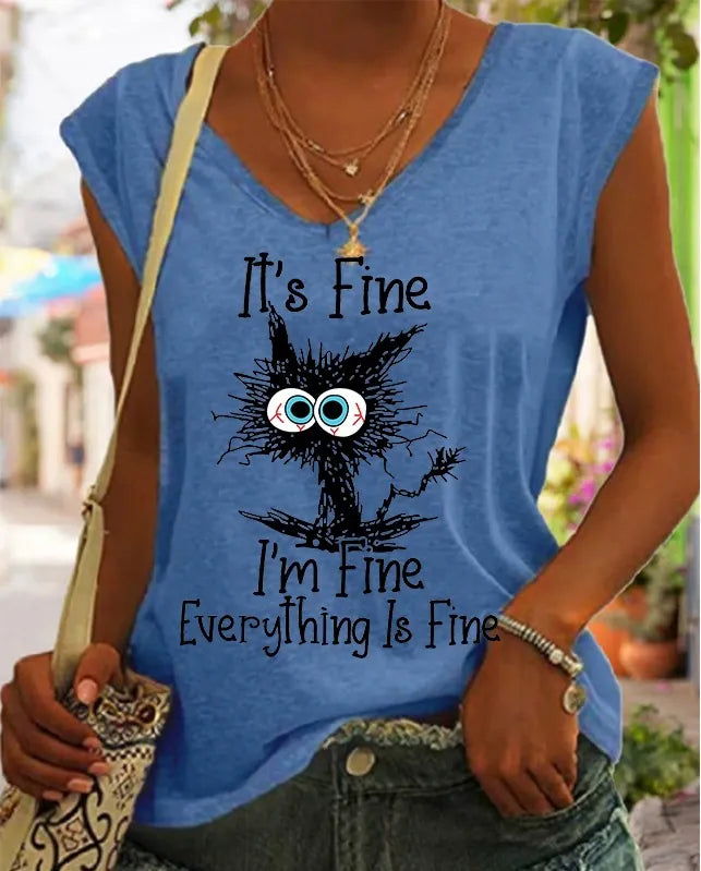V-ringad dam T-shirt med kattmönster - Casual stil