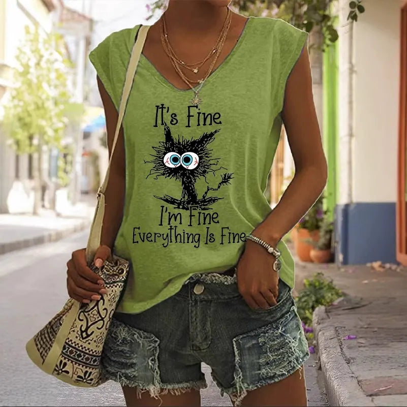 V-ringad dam T-shirt med kattmönster - Casual stil