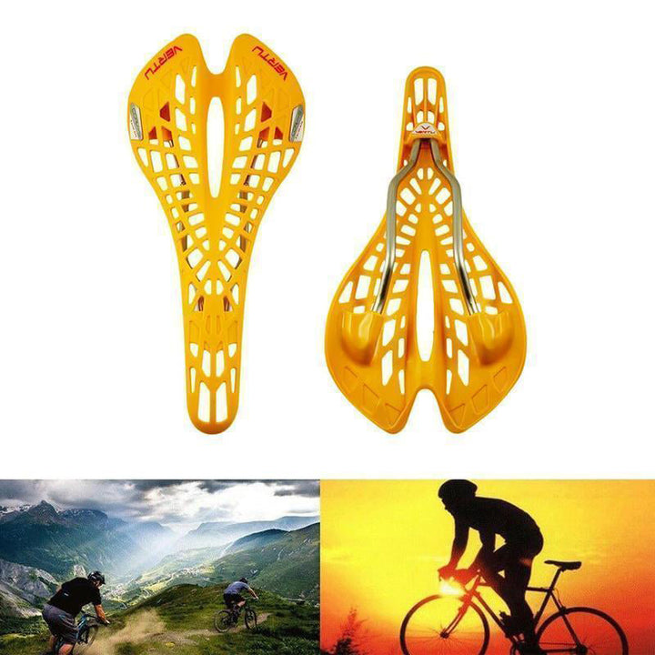 "Inbyggd cykelsadel i svart med andningsbar design och 69 ventilationshål för ökad komfort och minskad svettning."