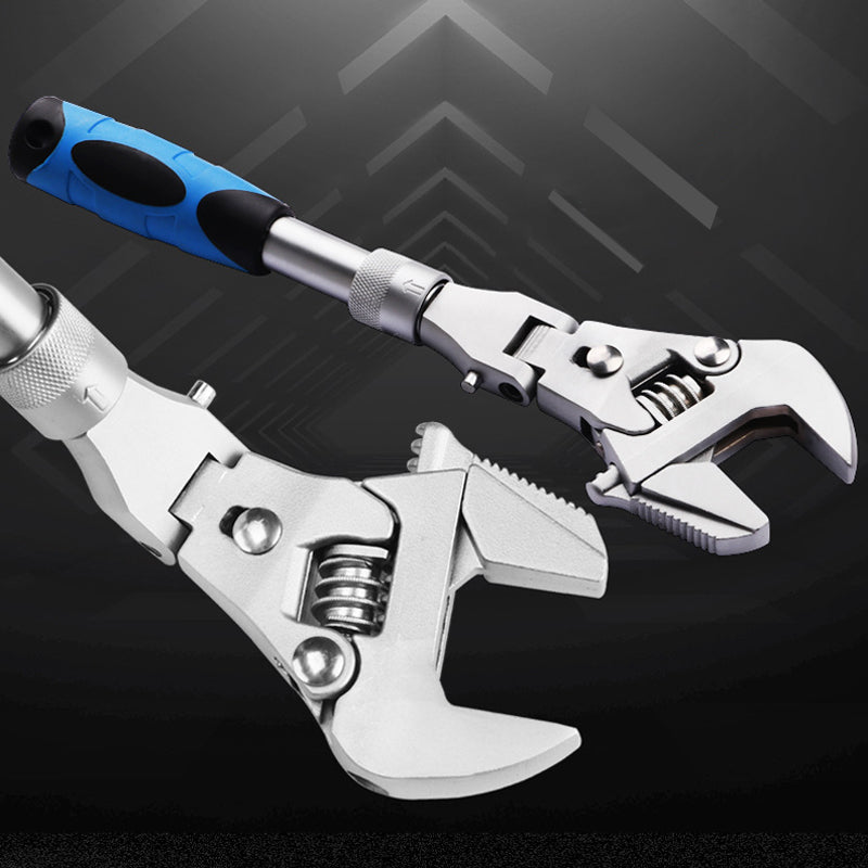 "Infällbar justerbar skiftnyckel med spärr, 180° rotation, krom-molybdenstål, för svåråtkomliga reparationer."