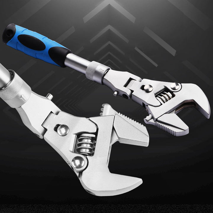 "Infällbar justerbar skiftnyckel med spärr, 180° rotation, krom-molybdenstål, för svåråtkomliga reparationer."