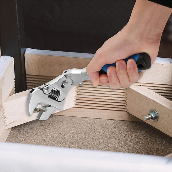 "Infällbar justerbar skiftnyckel med spärr, 180° rotation, krom-molybdenstål, för svåråtkomliga reparationer."