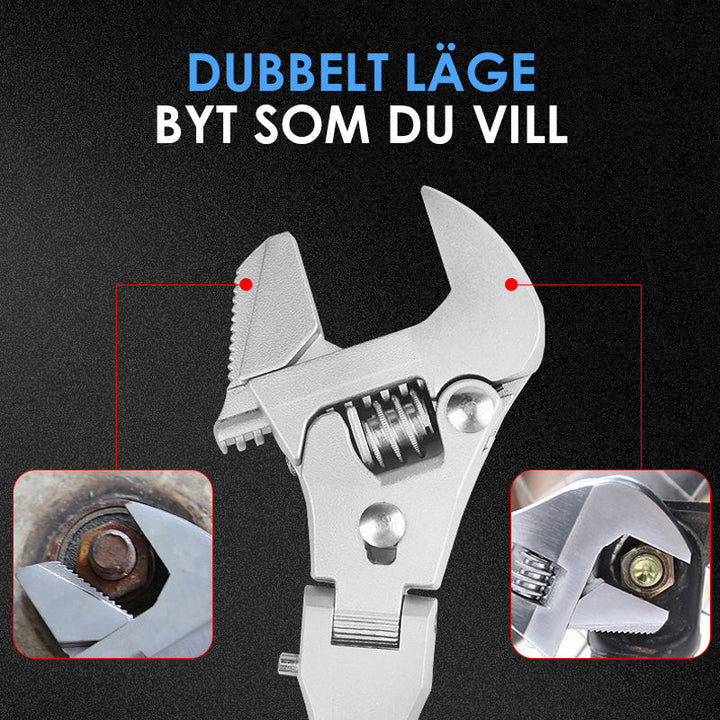 "Infällbar justerbar skiftnyckel med spärr, 180° rotation, krom-molybdenstål, för svåråtkomliga reparationer."