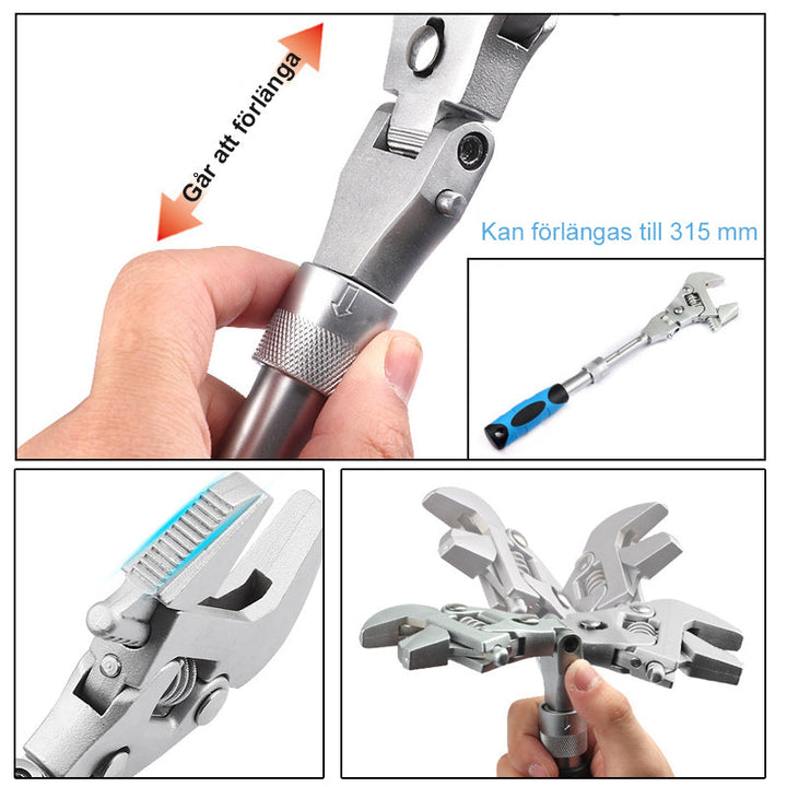 "Infällbar justerbar skiftnyckel med spärr, 180° rotation, krom-molybdenstål, för svåråtkomliga reparationer."