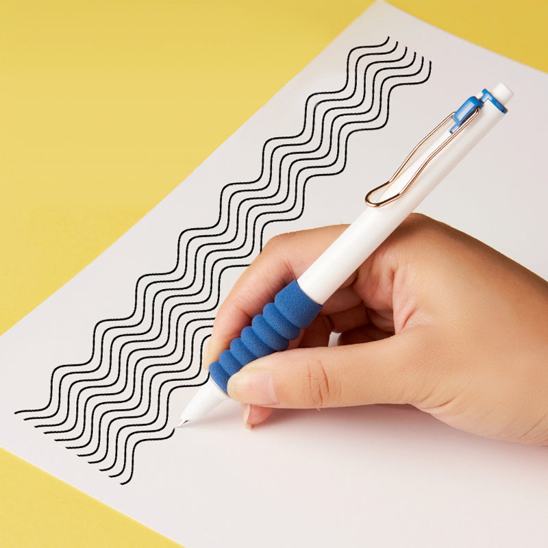 "Infällbar metalliserad reservoarpenna i elegant metall med supermjukt grepp, visas i rosa, blå och gröna färger."