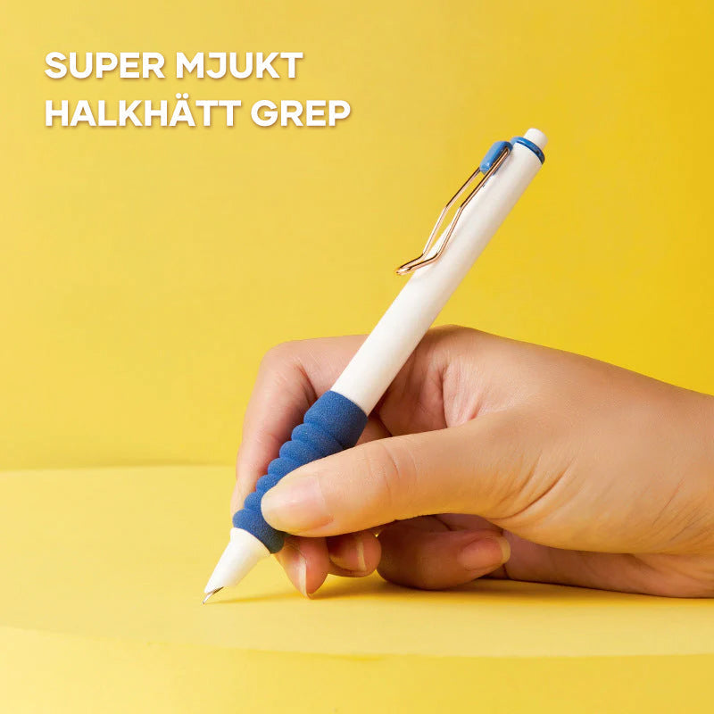 "Infällbar metalliserad reservoarpenna i elegant metall med supermjukt grepp, visas i rosa, blå och gröna färger."