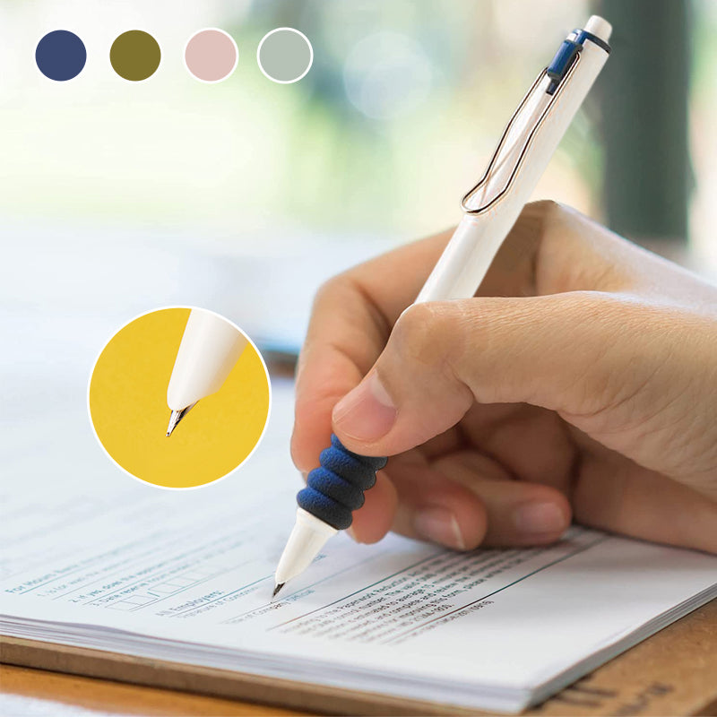 "Infällbar metalliserad reservoarpenna i elegant metall med supermjukt grepp, visas i rosa, blå och gröna färger."