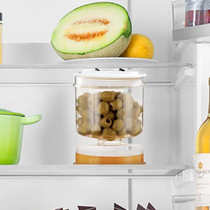 "Innovativ vit behållare med sil för saltgurka och oliver, timglasdesign, läckagesäker, av livsmedelskvalitet, 234g."