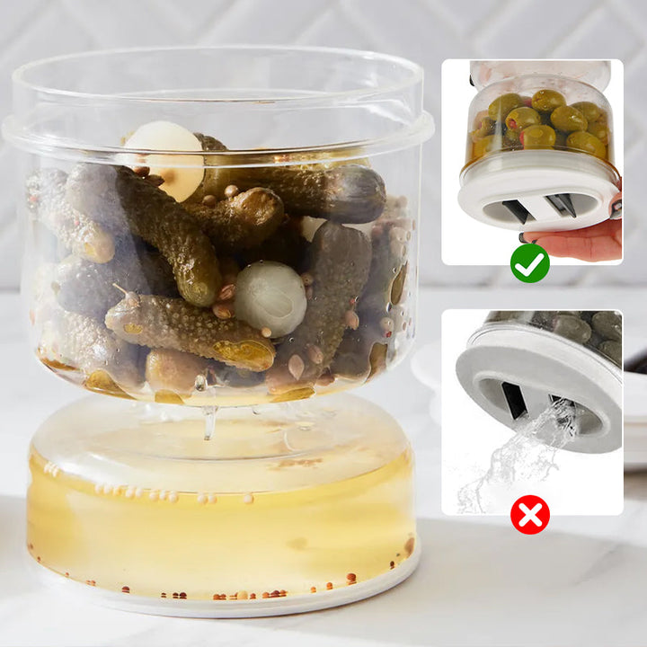 "Innovativ vit behållare med sil för saltgurka och oliver, timglasdesign, läckagesäker, av livsmedelskvalitet, 234g."