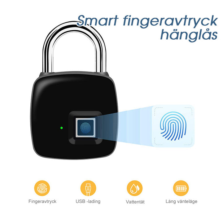 "Innovativt fingeravtryckslås i silver, USB-laddningsbart med IP65 vattentätt skydd, idealiskt för säker åtkomst."