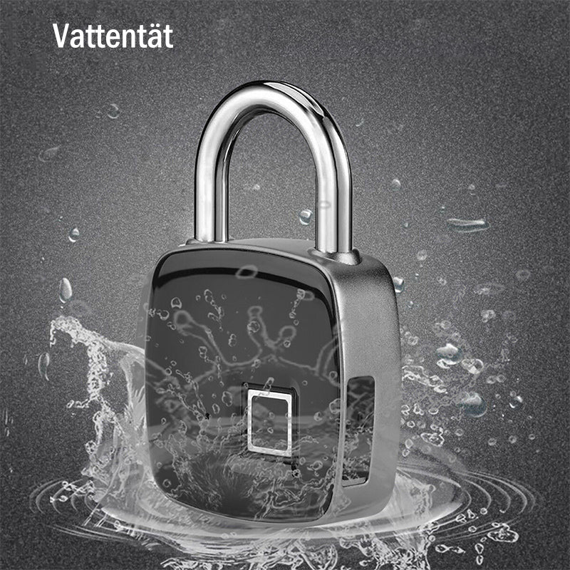 "Innovativt fingeravtryckslås i silver, USB-laddningsbart med IP65 vattentätt skydd, idealiskt för säker åtkomst."
