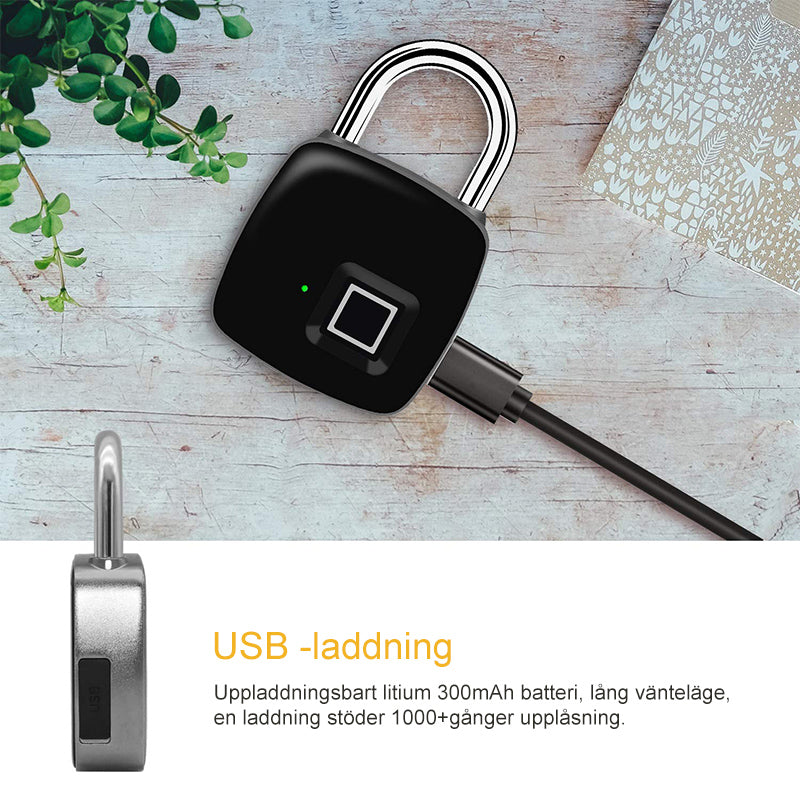 "Innovativt fingeravtryckslås i silver, USB-laddningsbart med IP65 vattentätt skydd, idealiskt för säker åtkomst."
