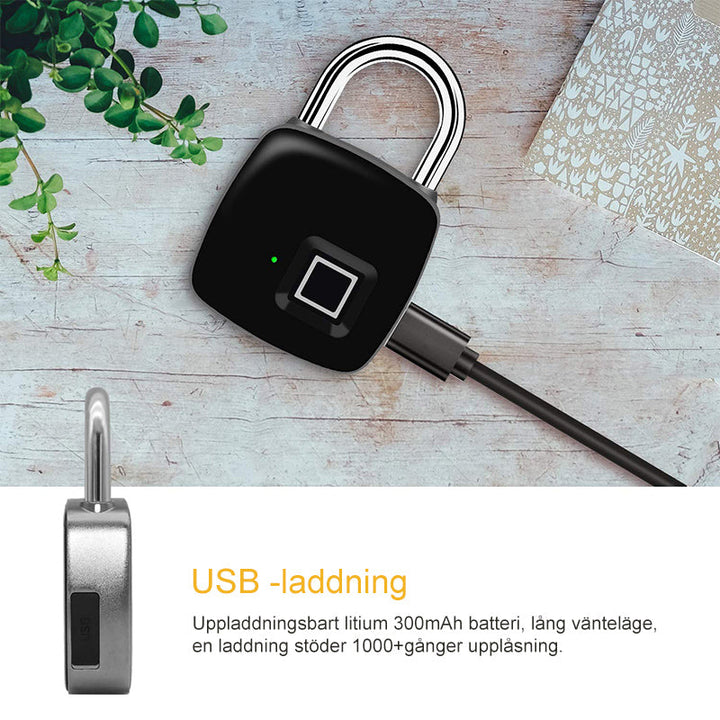 "Innovativt fingeravtryckslås i silver, USB-laddningsbart med IP65 vattentätt skydd, idealiskt för säker åtkomst."