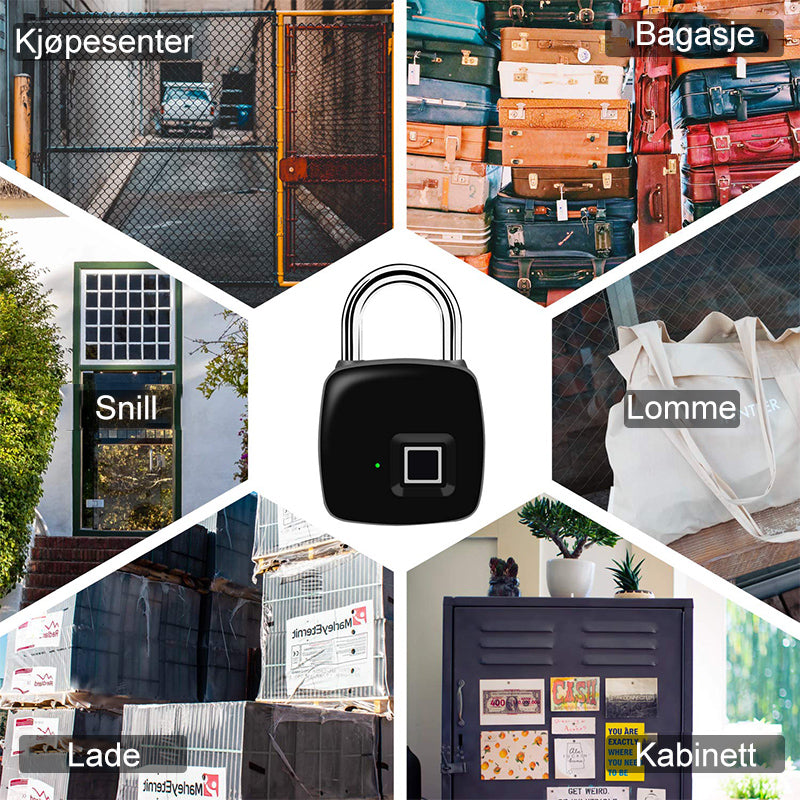"Innovativt fingeravtryckslås i silver, USB-laddningsbart med IP65 vattentätt skydd, idealiskt för säker åtkomst."