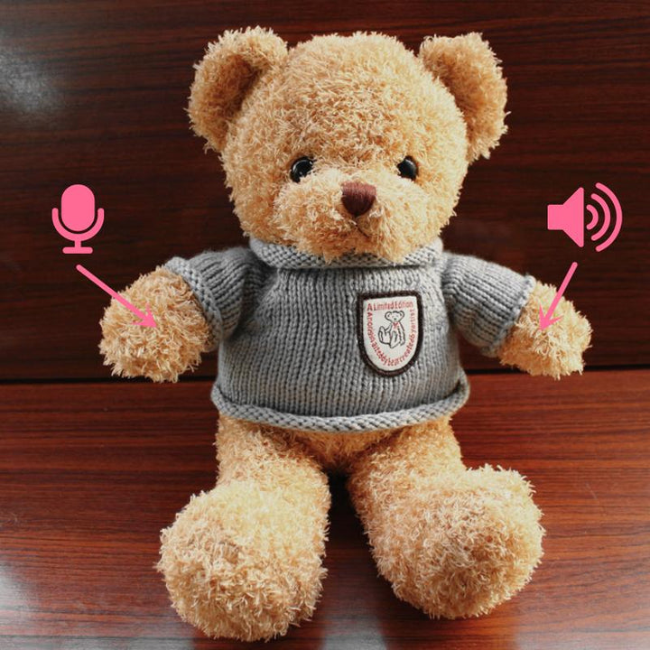 "Inspelnings nallebjörn i beige och brun plysch, mjuk leksak, personlig meddelandeförmedlare, mysig och inbjudande."