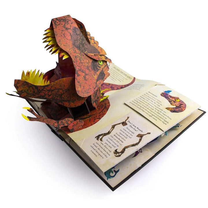 Pop-up bok som visar en levande T-Rex och Triceratops, inspirerar barn till roliga dinosaurieäventyr.