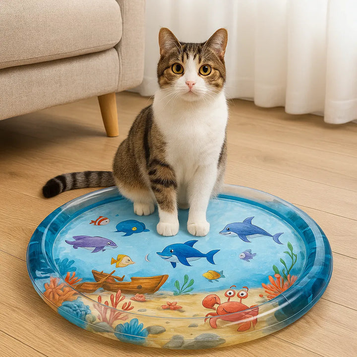 Överblick av AquaPaw vattenlekmatta med sprutande vatten, perfekt för sensorisk aktivering av hund och katt.