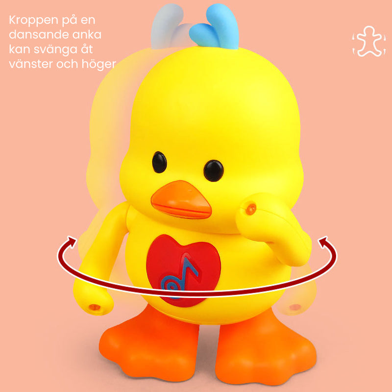 "Interaktiv dansande anka för barn med ljuseffekter, rörliga armar och ben, i ljus plast, perfekt leksak för rytmisk lek."
