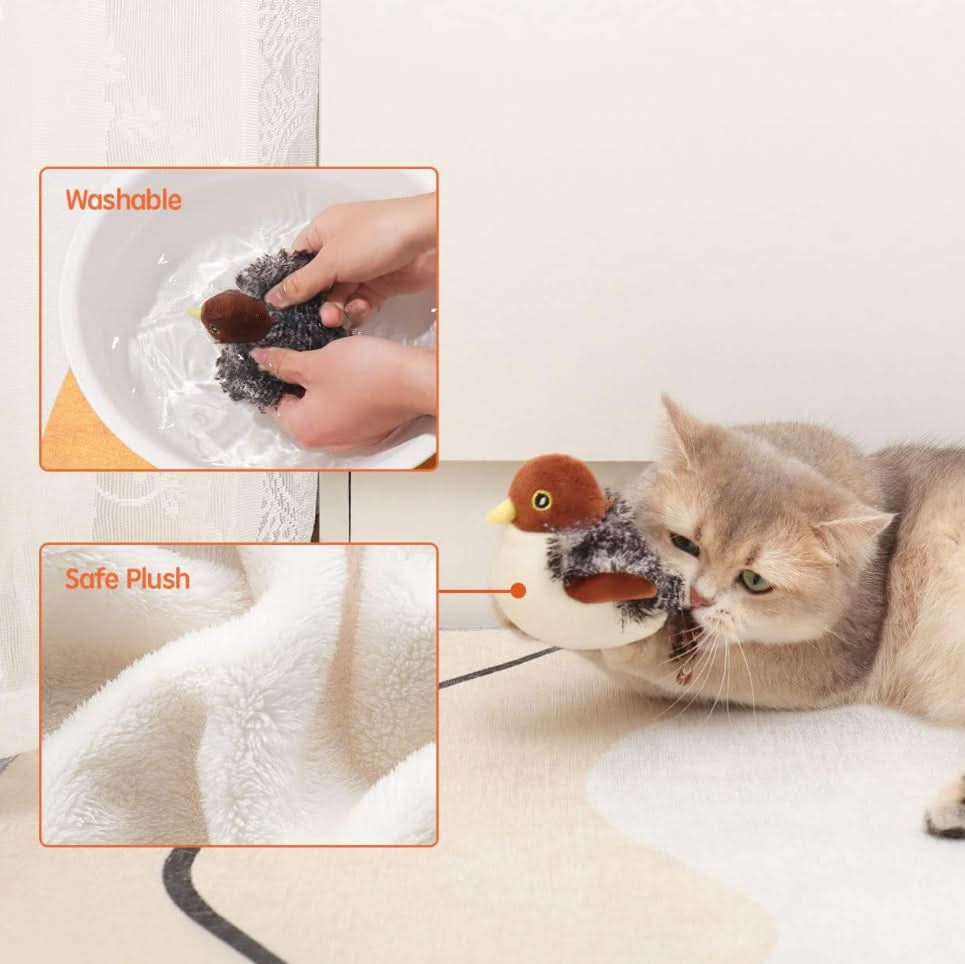 Detaljbild av interaktiv fågelleksak för katt. Perfekt för jaktinstinkt & stressreducering hos husdjur.