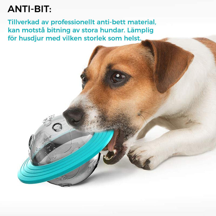 "Interaktiv flygande tefat hund leksak i gul och sjöblå, långsam matare för underhållning och matutdelning."