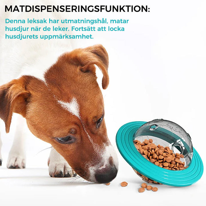"Interaktiv flygande tefat hund leksak i gul och sjöblå, långsam matare för underhållning och matutdelning."