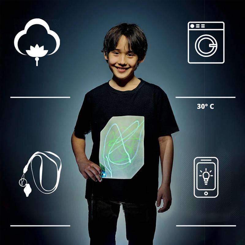"Interaktiv glödande unisex T-shirt med kreativa mönster, perfekt för mörka miljöer, inkluderar unik glödpenna."