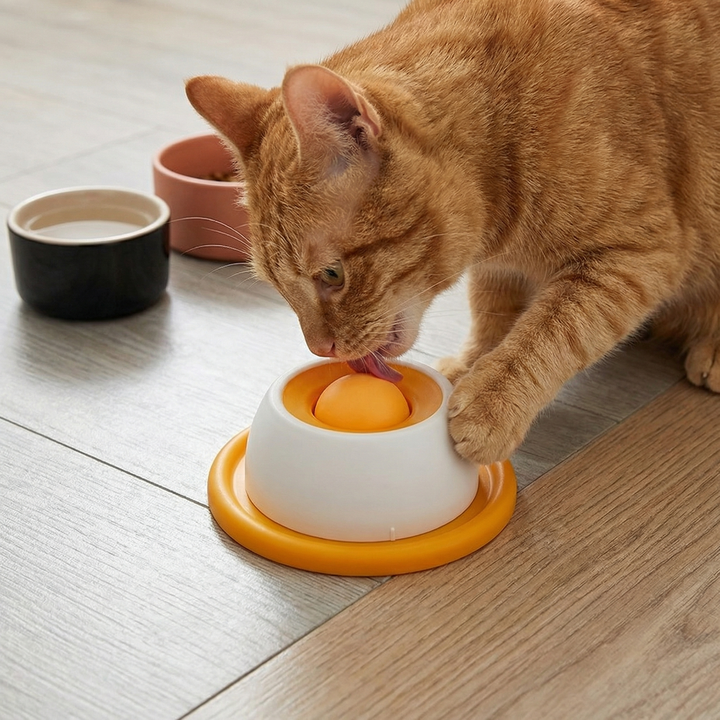 Närbild på kattens interaktiva godisleksak med synliga foderkulor för långsam utfodring och lek.