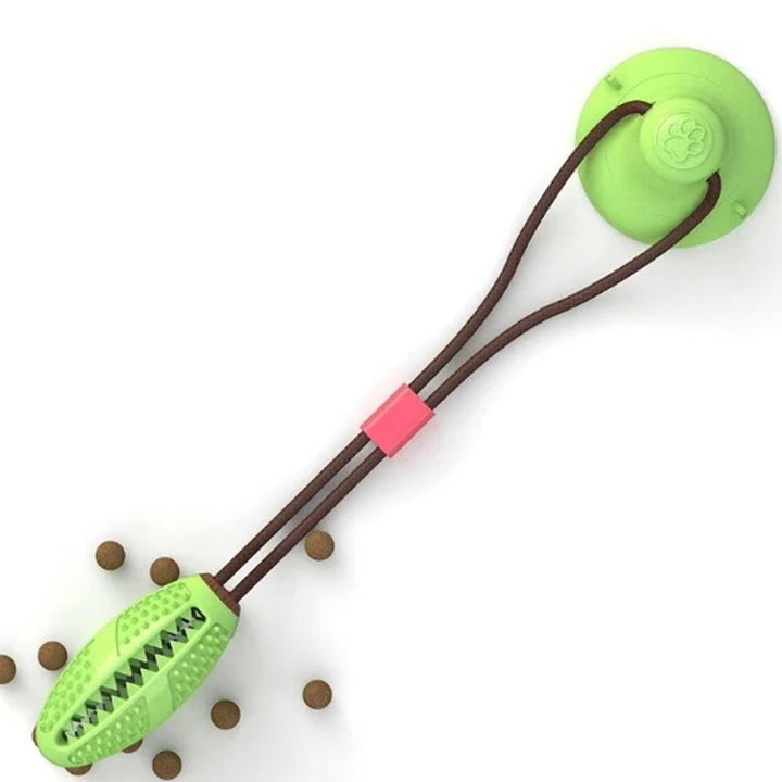 "Interaktiv hundmatleksak i silikon med sugkopp, granatform och livfulla färger, idealisk för stora hundar."