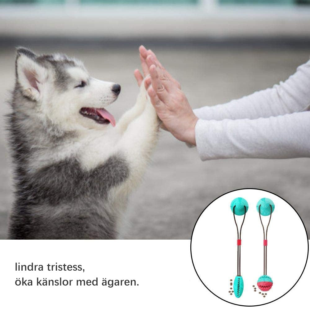 "Interaktiv hundmatleksak i silikon med sugkopp, granatform och livfulla färger, idealisk för stora hundar."