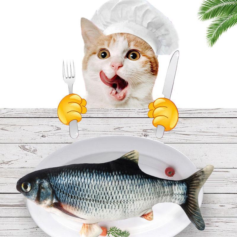 Interaktiv kattfiskleksak med USB-laddning; realistisk bomullsfisk som rör sig automatiskt, perfekt för kattens lekstunden.