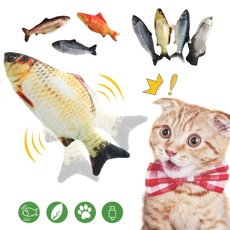 Interaktiv kattfiskleksak med USB-laddning; realistisk bomullsfisk som rör sig automatiskt, perfekt för kattens lekstunden.