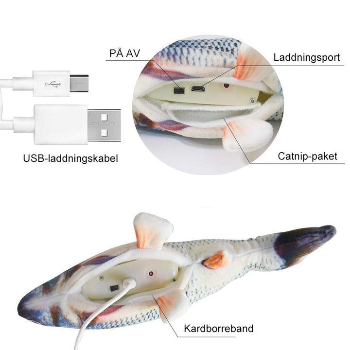 Interaktiv kattfiskleksak med USB-laddning; realistisk bomullsfisk som rör sig automatiskt, perfekt för kattens lekstunden.