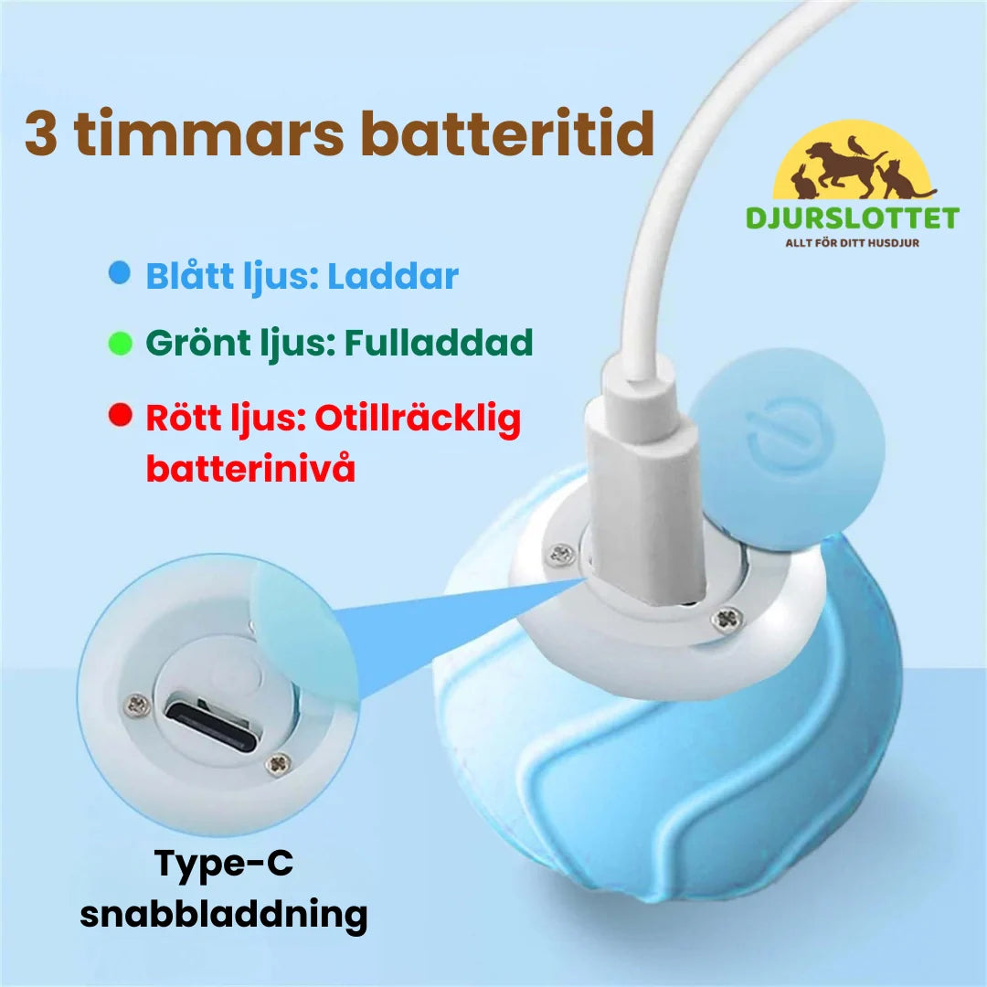 Närbild på uppladdningsbar kattleksaksboll med interaktiva rörelser för lek.