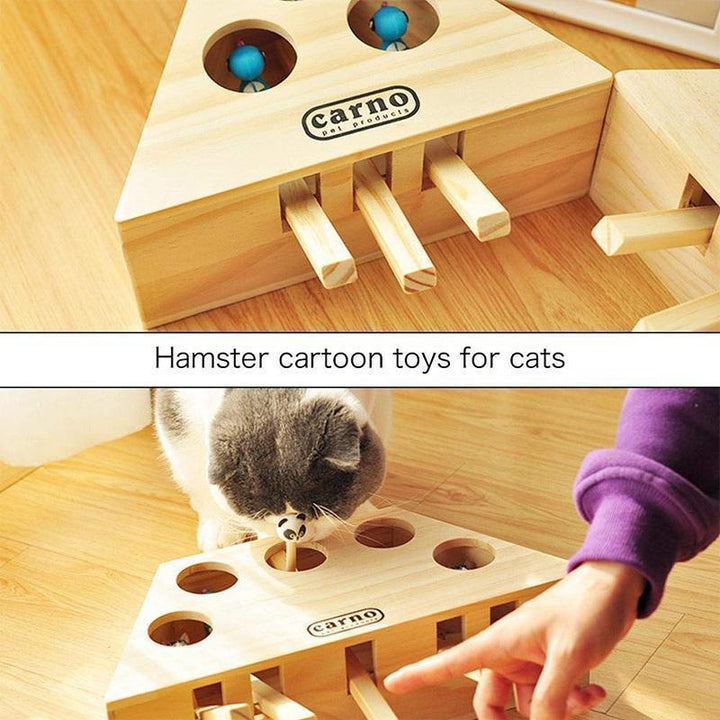 Interaktiv kattleksak i trä med flera hål, perfekt för att stimulera kattens jaktinstinkt och hålla den aktiv.