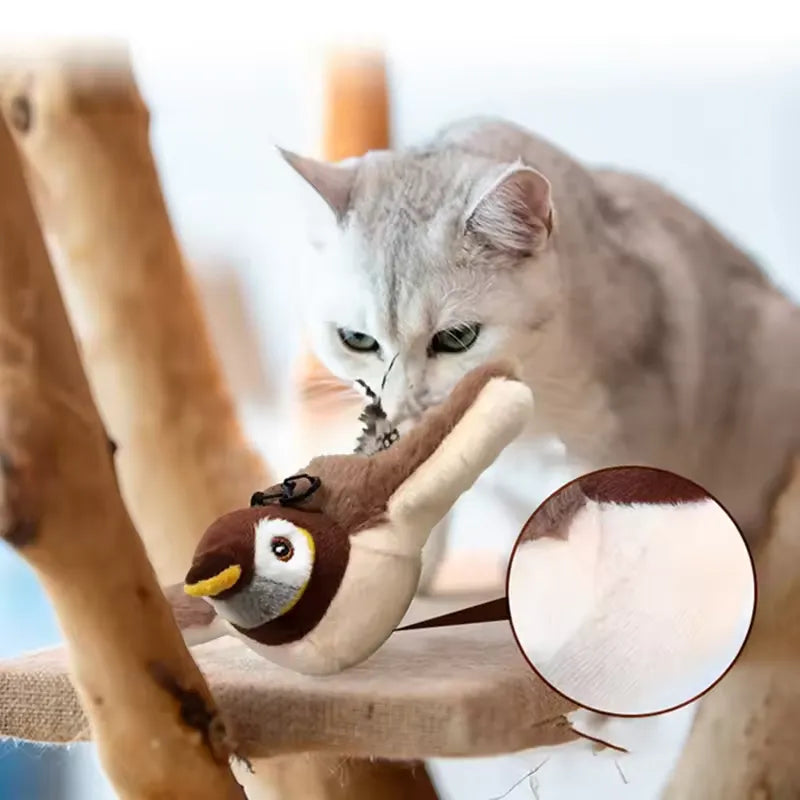Spinnande sparv fågelleksak för katt. Uppladdningsbar interaktiv leksak som lockar till lek.