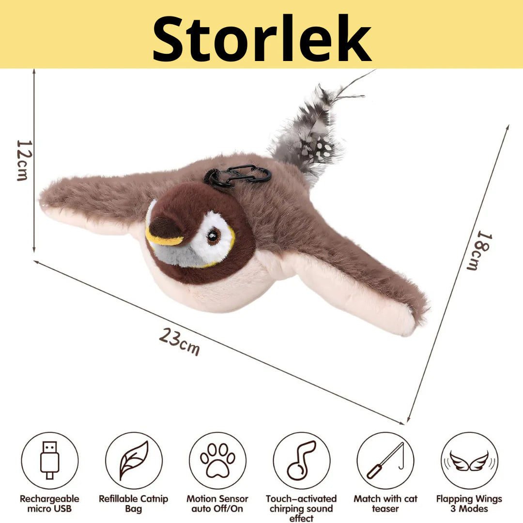 Plysch sparfågel kattleksak med spinnande rörelse. Perfekt kattillbehör som stimulerar kattens lek.